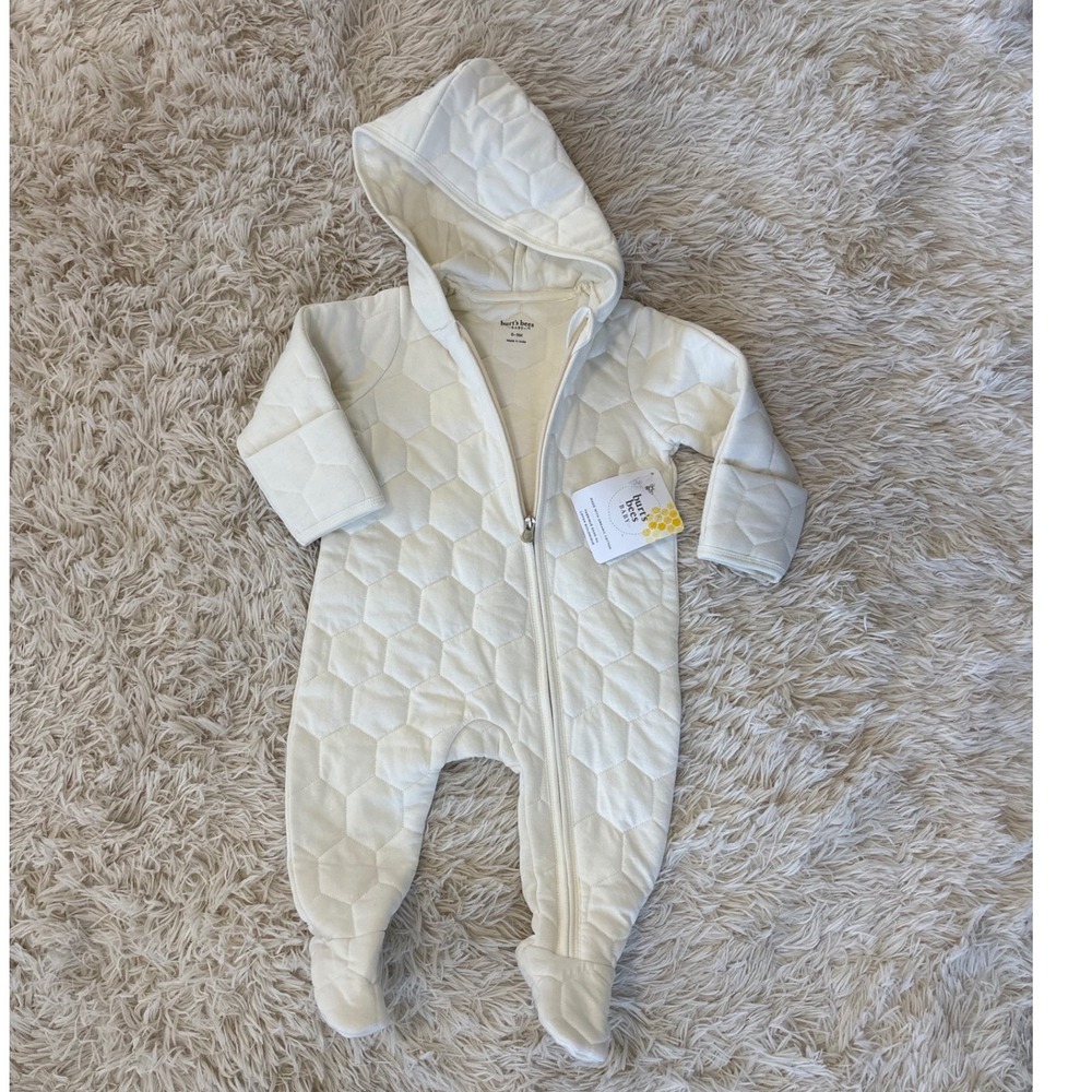 Burt's Bees Baby Organic Cotton Quilted Hooded Footie Pajamas Cream 6‎ 9M NWT